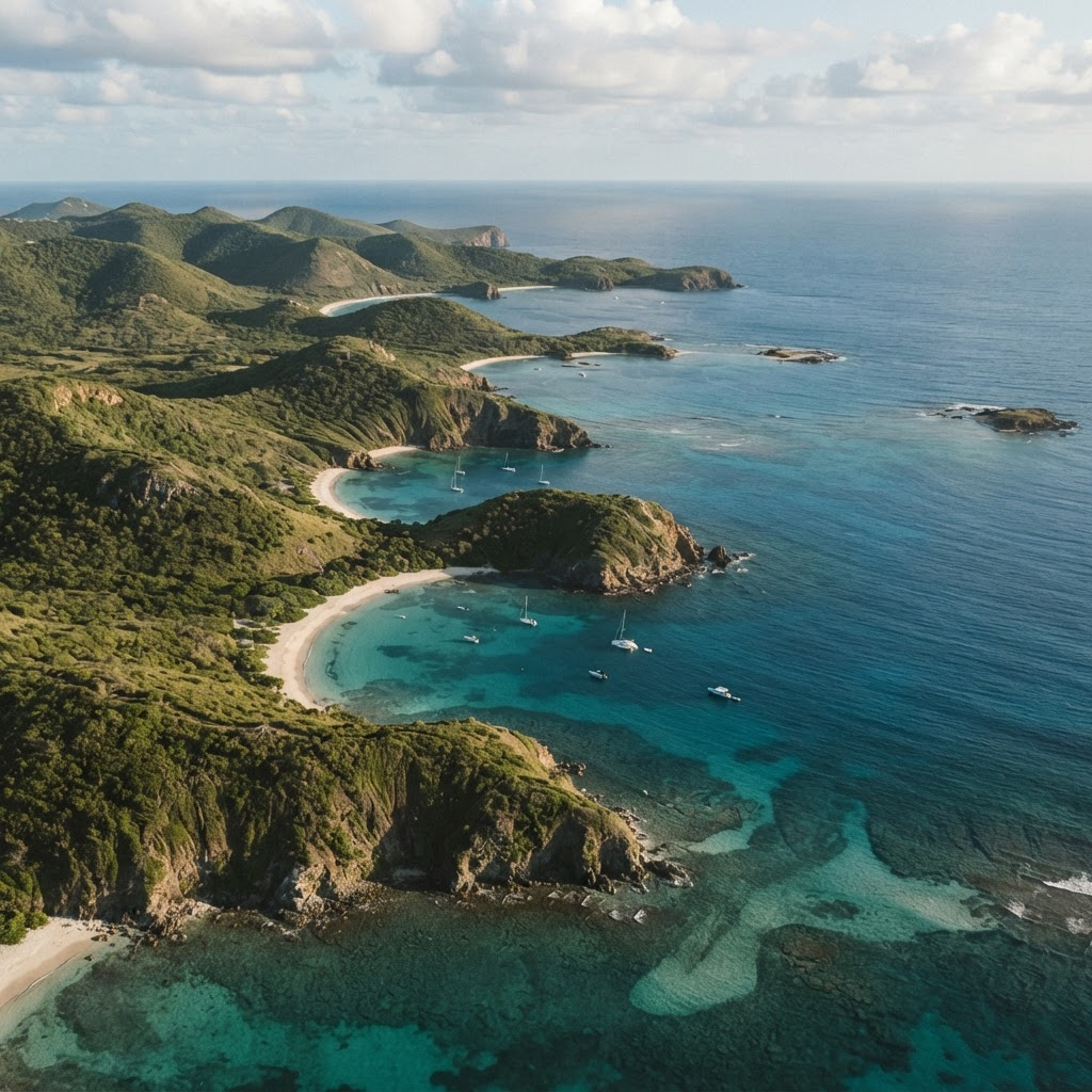 Aerial view of the Culebra coastline with jade and turquoise water