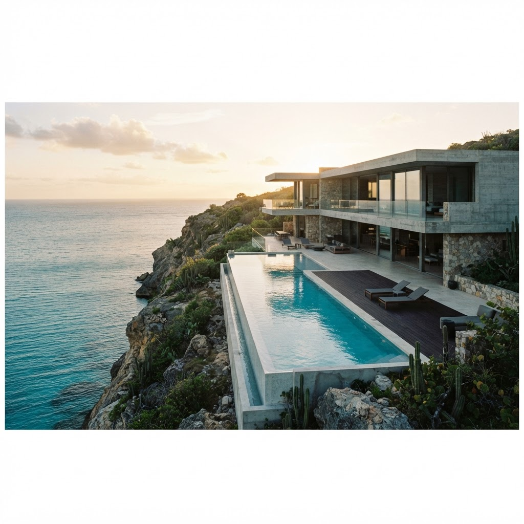 Cliffside modern villa overlooking the turquoise Caribbean sea in Culebra