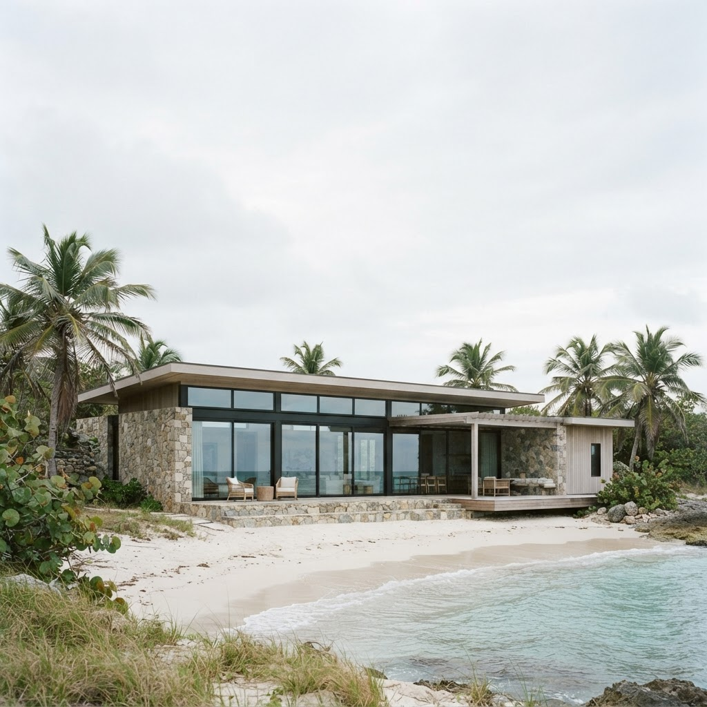 Minimalist beachfront villa with floor-to-ceiling glass framed by palms