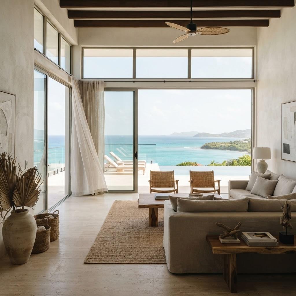 Airy villa interior with floor-to-ceiling windows opening to the ocean