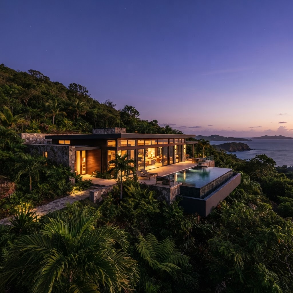 Modern hillside estate glowing at dusk surrounded by tropical foliage